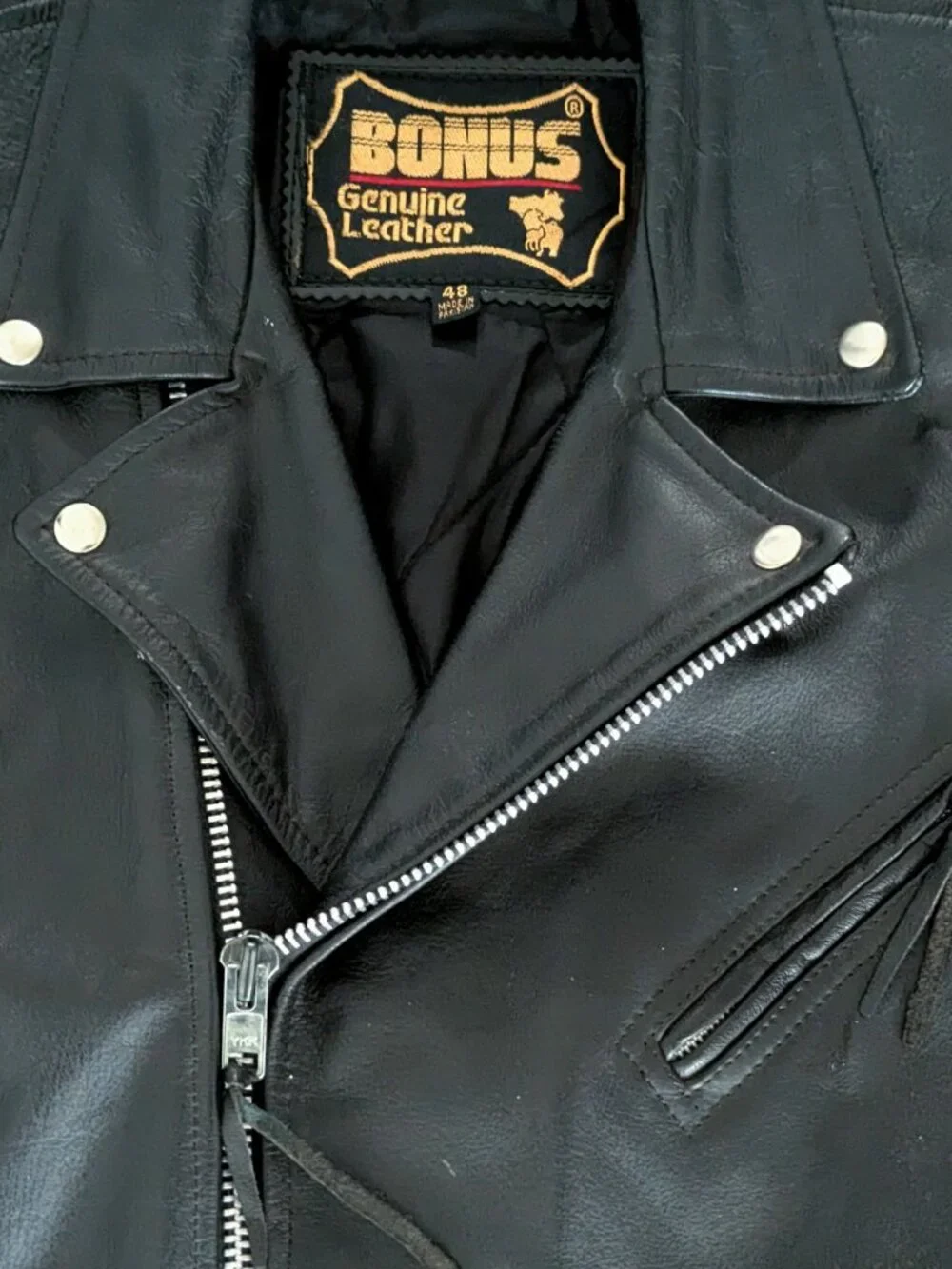 Vintage Bonus Heavy Genuine Leather Biker Riding Jacket - Mens Sz 48 Heavy Black